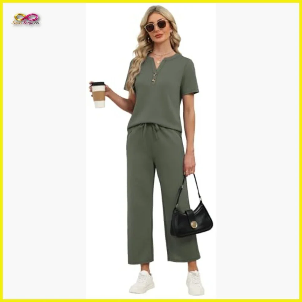 Two Piece Matching Set Wide Leg Crop Pants V Neck Top Resort Wear